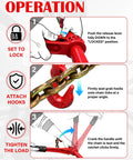 Instructions for using Ratchet Chain Binders For Three Eighths And One Half Inch Chain, 9,400 Lb WLL, showing steps to lock and tighten.