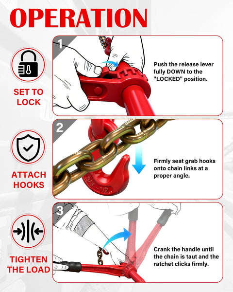 Instructions for using Ratchet Chain Binders For Three Eighths And One Half Inch Chain, 9,400 Lb WLL, showing steps to lock and tighten.
