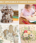 Basswood sheets, unfinished 12x16x1/8 in, shown as a crafts collage: laser-cut model, cityscape, floral painting.
