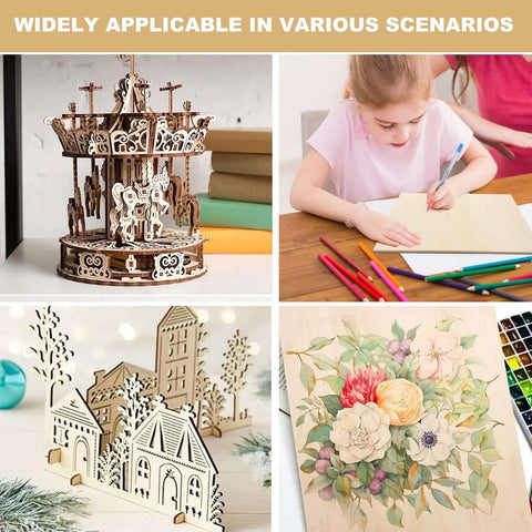 Basswood sheets, unfinished 12x16x1/8 in, shown as a crafts collage: laser-cut model, cityscape, floral painting.
