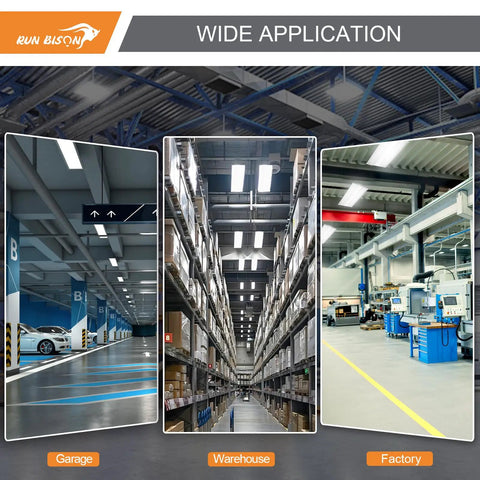 Top Shelf 2 Foot Led Linear High Bay Shop Lights With Smart Motion Sensor in garage, warehouse and factory settings.