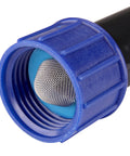 Raindrip compression swivel adaptor end, blue plastic housing with metal mesh screen, close-up view