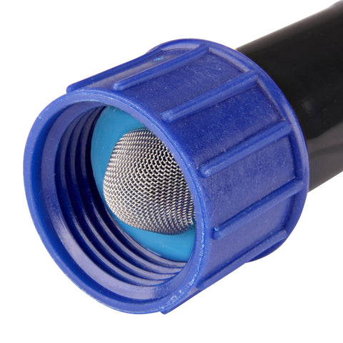 Raindrip compression swivel adaptor end, blue plastic housing with metal mesh screen, close-up view