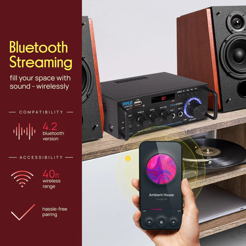 Compact 200W Bluetooth Power Amplifier For A 2 Channel Home Stereo Setup with speakers and wireless streaming display