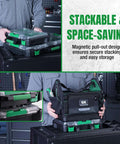 Person stacking 13.5 Inch Small Parts Organizer Box With Stackable Design featuring clear lid and green accents on tool cabinet.