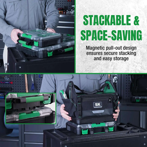 Person stacking 13.5 Inch Small Parts Organizer Box With Stackable Design featuring clear lid and green accents on tool cabinet.