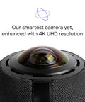 Boss Level 360 Degree 4K Smart Video Conference Camera With Crisp Surround Mic And Speaker Auto Focus Zoom Digital Noise Filtering top view showcasing the 4K UHD lens.