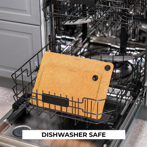 Set Of 2 Heavy Duty Wood Fiber Cutting Boards in dishwasher, showcasing their dishwasher safe feature.