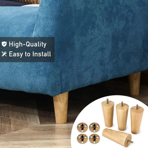 5 Inch Solid Wood Furniture Legs Set Of 4 Durable Mid Century Style Replacement Legs For Sofa Couch Bed Dresser Cabinet And Armchair Floor Friendly Easy Install With Glossy Finish And Scratch Resistant Protection attached to blue sofa