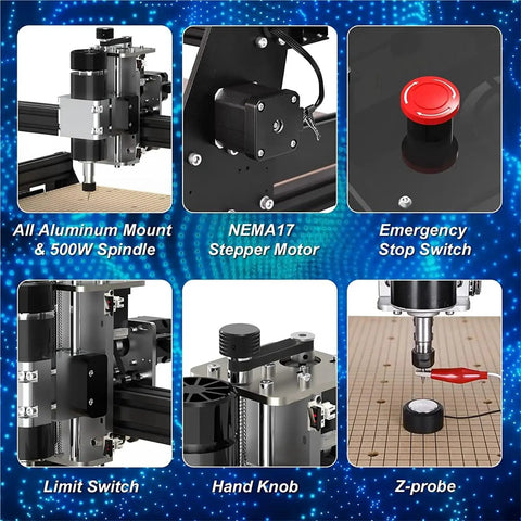 3 Axis Cnc Router Engraver Badly Crushing Wood And Acrylic Projects Delivers Slick Precision With A Roomy 430X390Mm Bed Rock Solid 500W Spindle And Zero Headache Touch Control Interface showing detailed components.