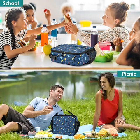 Lightning Bolts Insulated Lunch Bag Dark Blue For Kids And Adults Portable Cooler Tote With Shoulder Straps Keeps Meals Fresh All Day Big Main Compartment Plus Side Mesh Pockets For Drinks Perfect For School Office Travel, blue insulated lunch bag on school table