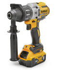 Heavy And Dependable 20V Max Lithium Ion Brushless Hammer Drill Kit With Kickass Performance, black and yellow drill with side handle.