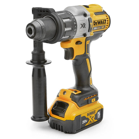 Heavy And Dependable 20V Max Lithium Ion Brushless Hammer Drill Kit With Kickass Performance, black and yellow drill with side handle.