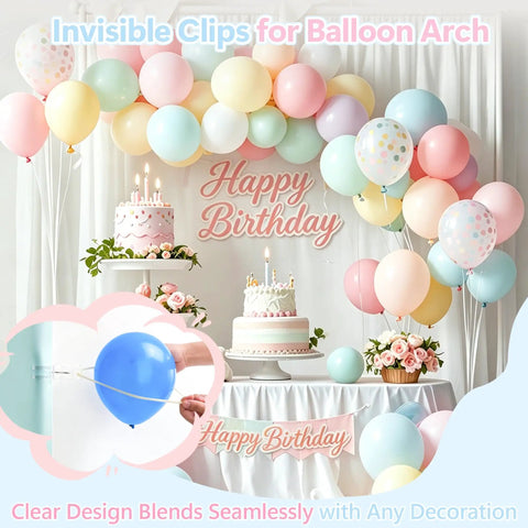 Top Notch Balloon Arch Kit With 10 Clear Spring Clamps And Everything You Need Plus 100 Long Balloons, Tape Strip, And Adhesive Dots For Epic Party Decor Make Your Next Bash A Total Banger at birthday table