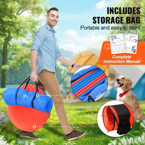 Man carrying Ultimate Dog Agility Course Backyard Set With 13 Pieces in storage bag, dog sitting nearby in park setting