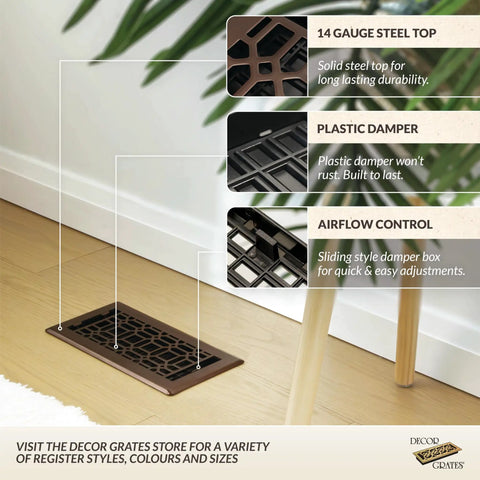 Heavy Duty Metal Louvered Air Vent Cover For 4x10 Floor Vents With Adjustable Damper Decorative Bronze Floor Register Covers Imperfections In Flooring Fits 4x10 Inch Opening Ideal For Home HVAC Floor Or Ceiling Vents shown in a room setting with focus on materials and airflow control.