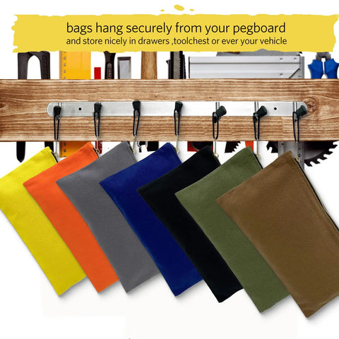 Heavy Duty Canvas Tool Bag Organizer Set Of 7 Pouches In Assorted Colors 12.5 Inch By 7 Inch hanging on pegboard hooks