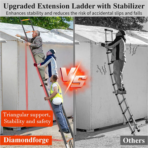 Heavy Duty Telescoping Ladder 16.5 Foot Aluminum Extension Climb Rig Featuring Snappy Lock Pins And Non Slip Treads for safe roof access.