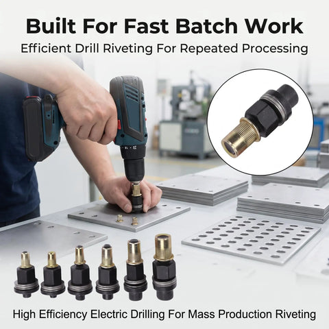 Six Piece Electric Drill Rivet Nut Mandrel Adapter Kit With Manual Hex Shaft For Bolt Insertion In Auto Work, Building, Furniture Fixing And Aviation Jobs on drill