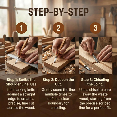 Step-by-step use of Top Shelf 2 Pack High Carbon Steel Woodworking Marking Knife for precise woodworking techniques.