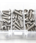 Top Tier 304 Stainless Steel Pan Head Screw Kit With Quarter Twenty Threads And Five Mixed Lengths in a clear organizer box.