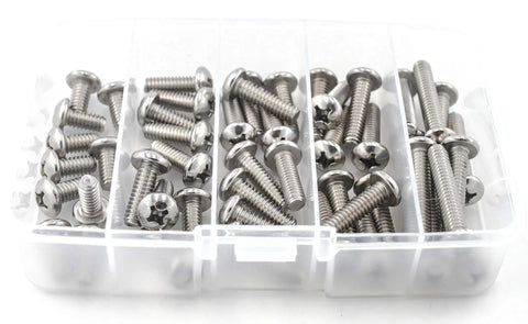 Top Tier 304 Stainless Steel Pan Head Screw Kit With Quarter Twenty Threads And Five Mixed Lengths in a clear organizer box.