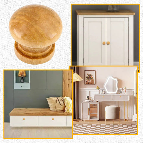 Eight Pcs Natural Wood Dresser Knobs Round Mushroom Cabinet Knobs on furniture, including drawers and cupboards, for makeovers.