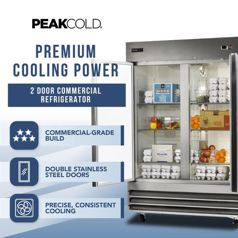 Double Door Commercial Refrigerator With 47 Cu Ft Capacity, 54 Inch Wide Stainless Steel Reach-In Upright Fridge, open view