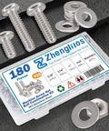 Ultimate 180-Piece Stainless Steel Bolt and Screw Combo Kit with #10 Phillips screws, nuts, washers; sizes 3/8, 3/4, 1 inch; rust-resistant.