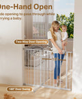 Woman opens extra tall walk through baby gate for stairs and doorways 29 to 39.6 inches adjustable width and 36 inch height no drill
