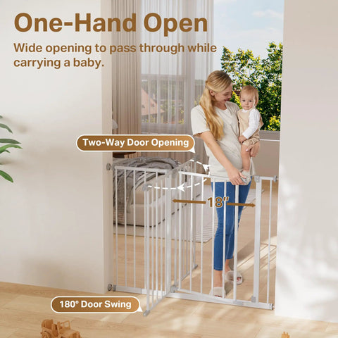 Woman opens extra tall walk through baby gate for stairs and doorways 29 to 39.6 inches adjustable width and 36 inch height no drill