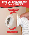 Dryer Vent Quick Release System for 4 Inch Tubes Two Piece Quick Connect Twist and Lock Easy Install Behind the Dryer Space Saving Design Low Maintenance Hassle Free Dryer Vent Connection showing quick connect and disconnect mechanism
