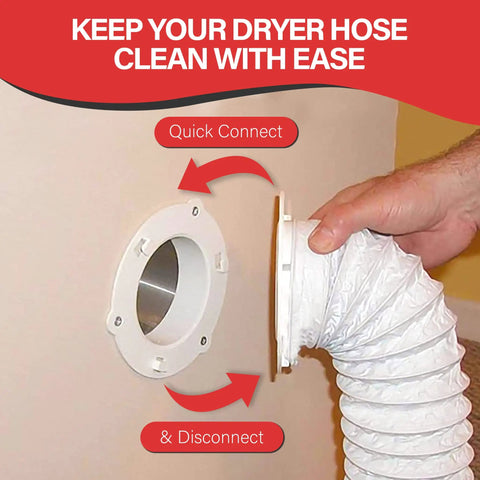 Dryer Vent Quick Release System for 4 Inch Tubes Two Piece Quick Connect Twist and Lock Easy Install Behind the Dryer Space Saving Design Low Maintenance Hassle Free Dryer Vent Connection showing quick connect and disconnect mechanism