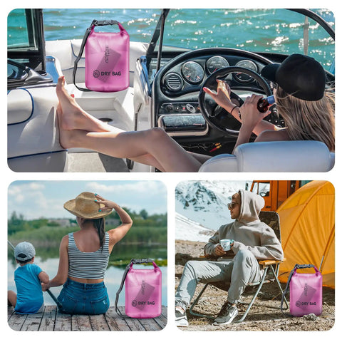 Waterproof Roll Top Dry Bag Set 5L for travel and adventure kayaking camping fishing and rainy day trips, pink, on a boat.