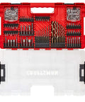 Front view of Craftsman 140-piece impact driver bit set in red case with black oxide steel bits