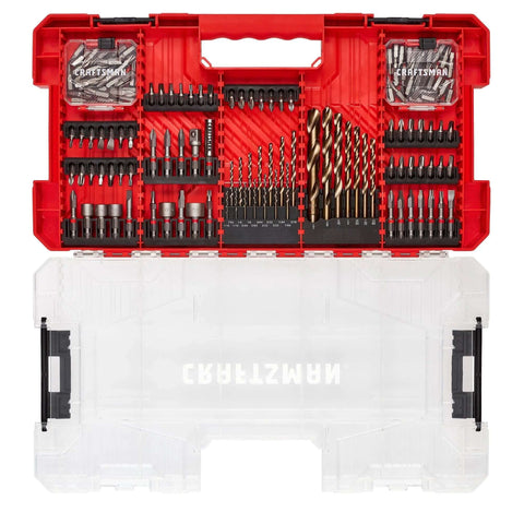 Front view of Craftsman 140-piece impact driver bit set in red case with black oxide steel bits