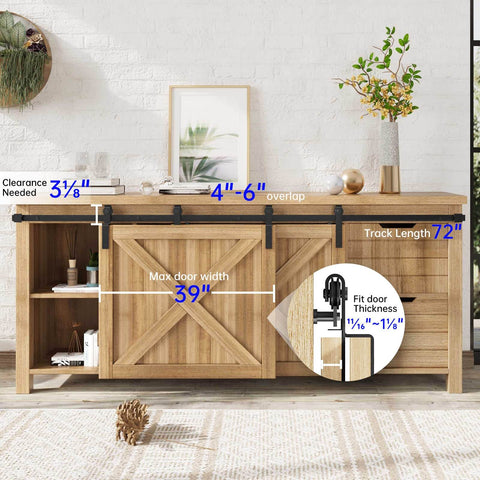 6 Ft Cabinet Bypass Sliding Barn Door Hardware Track Kit installed on wooden cabinet, showing measurements and materials.