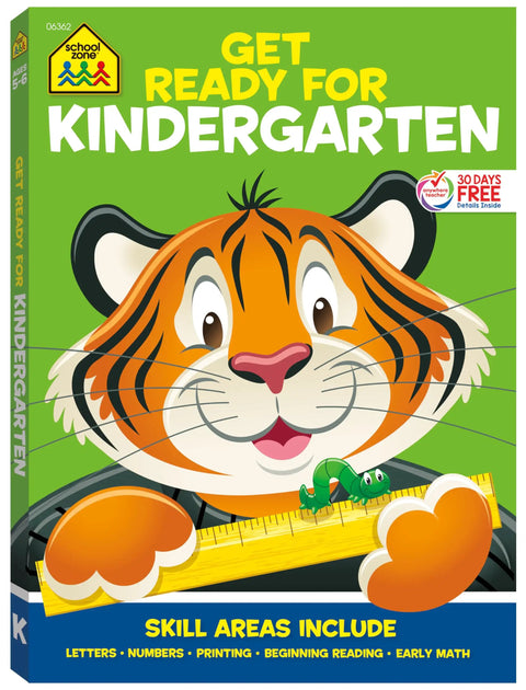 Cover of Get Ready for Kindergarten Workbook With 256 Pages of Early Learning Activities, featuring a tiger and ruler.