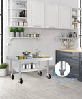 Stainless Steel Equipment Stand 30 By 36 Inches With Under Shelf And Casters for Commercial Kitchens, shown in a modern kitchen setting.