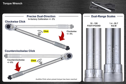 3/8 Inch Drive Click Torque Wrench With 120-960 In-Lb Range, ASME B107.300 Certified, showing dual-range scales and calibration details.