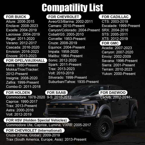 Compatibility list image for Heavy Duty TPMS Relearn Tool For Quick Tire Pressure Sensor Activation And Programming.