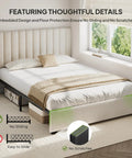 Queen Velvet Upholstered Bed Frame With Tufted Headboard in a bright room showing no sliding design and floor protection.