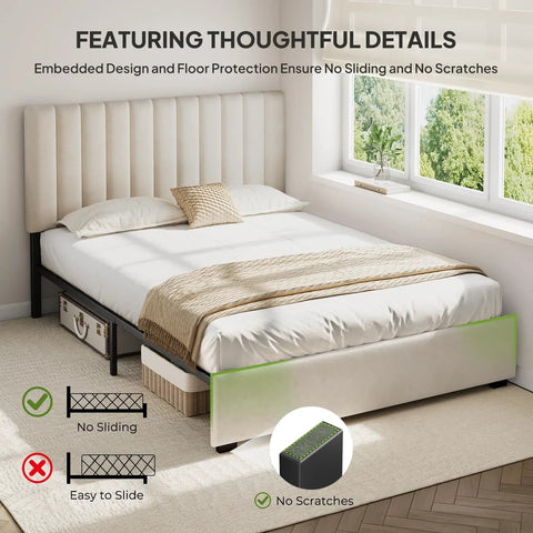 Queen Velvet Upholstered Bed Frame With Tufted Headboard in a bright room showing no sliding design and floor protection.