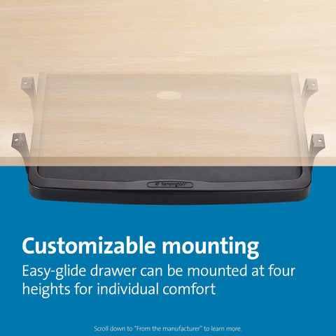 Underdesk Keyboard Drawer Black Smooth Ride Computer Tray adjustable mount with visible glides for four height options.