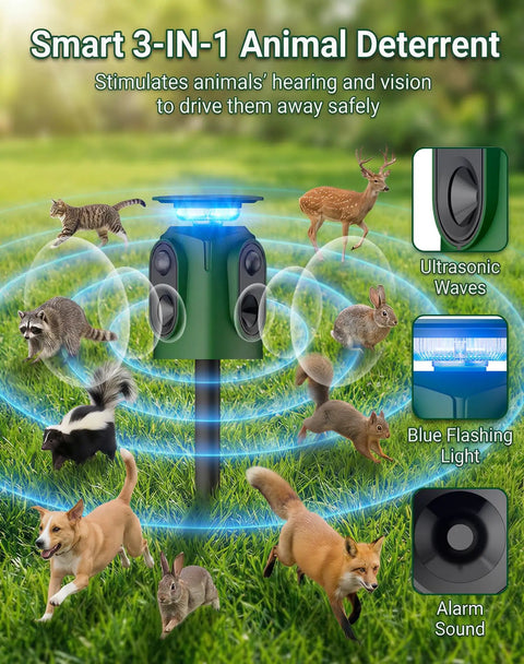 Two Pack 360 Degree Solar Animal Repeller With Ultrasonic Sound Motion Sensor And LED Lights Waterproof Outdoor Cat Dog Raccoon And Coyote Deterrent USB Rechargeable Yard Protection shown in grass