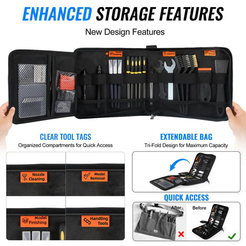 Front view of open 68-piece 3D printer tools kit in black zip storage case with labeled tool pockets
