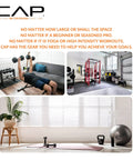 Home gym setups with weighted dumbbells, workout cage, yoga mat, kettlebell, and exercise ball in various home environments.