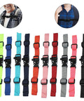 Collection of colorful adjustable chest straps for backpacks with quick release buckle, showing variety of colors, durable nylon, for secure fit.