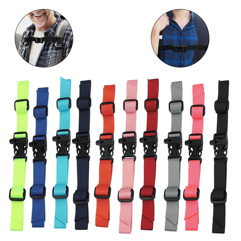 Collection of colorful adjustable chest straps for backpacks with quick release buckle, showing variety of colors, durable nylon, for secure fit.
