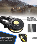 Beefy 66,000 Lbs Heavy Duty Snatch Block Winch Pulley For Off Road Recovery And Vehicle Extraction, Boost Winch Power And Redirect Recovery Angles Safely, Ideal For Overlanding, Towing, And Rugged Trail Rescue. Black steel snatch block on muddy off-road recovery scene